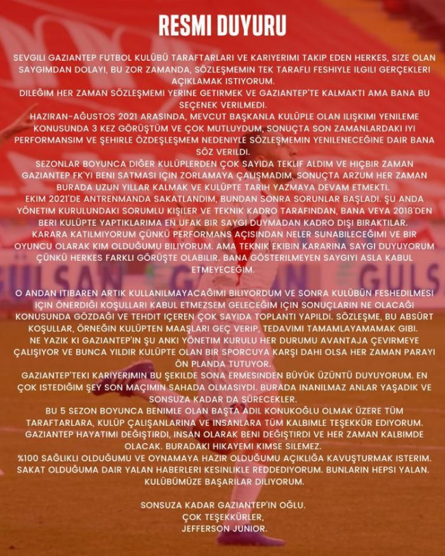 Gaziantep FK'da Junior Jefferson'un sözleşmesi feshedildi